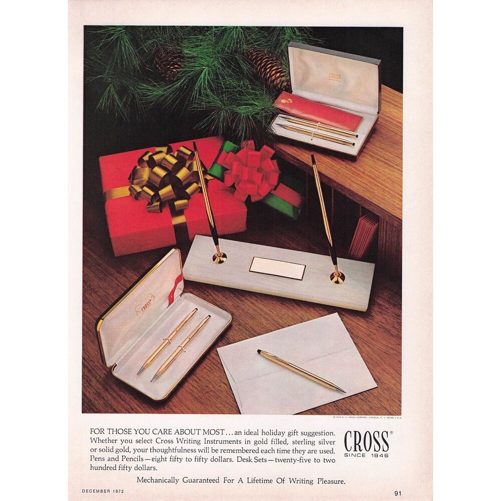1972 Cross Pens Pencils Vintage Christmas Tree Print Ad Gold Filled Wall Decor
